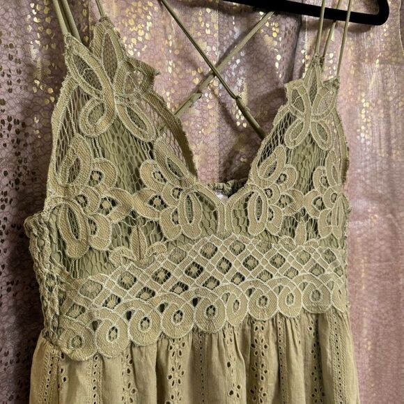 Mahina Hawaii Olive Green Crochet Top Boho Eyelet Maxi Dress Medium - Picture 3 of 9